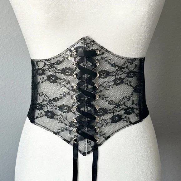 Romantic Black Lace Corset Style Waist Belt Stretch Snap Back Closure Size Small - Picture 3 of 12